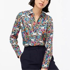J. Crew Collection Silk Twill Button Up Shirt, Grazing Goats Print size 10